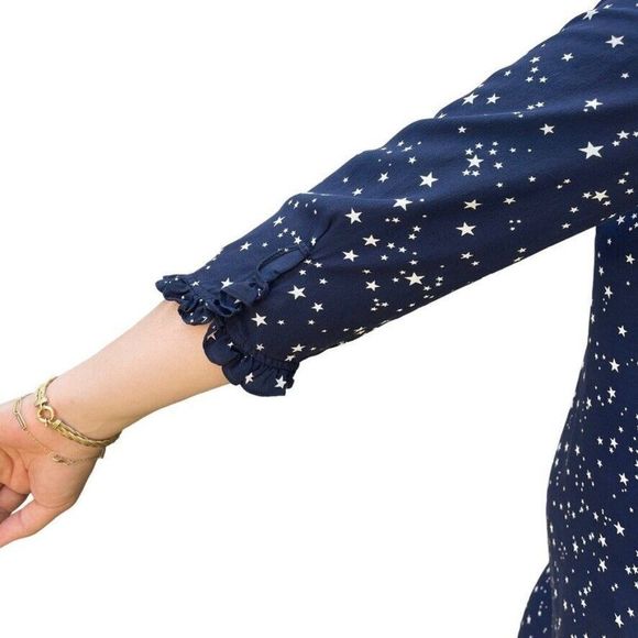 Kate Spade Womens Silk Navy Blue Star 3/4 Sleeve Ruffle Mini Dress Sz XS - Picture 9 of 11